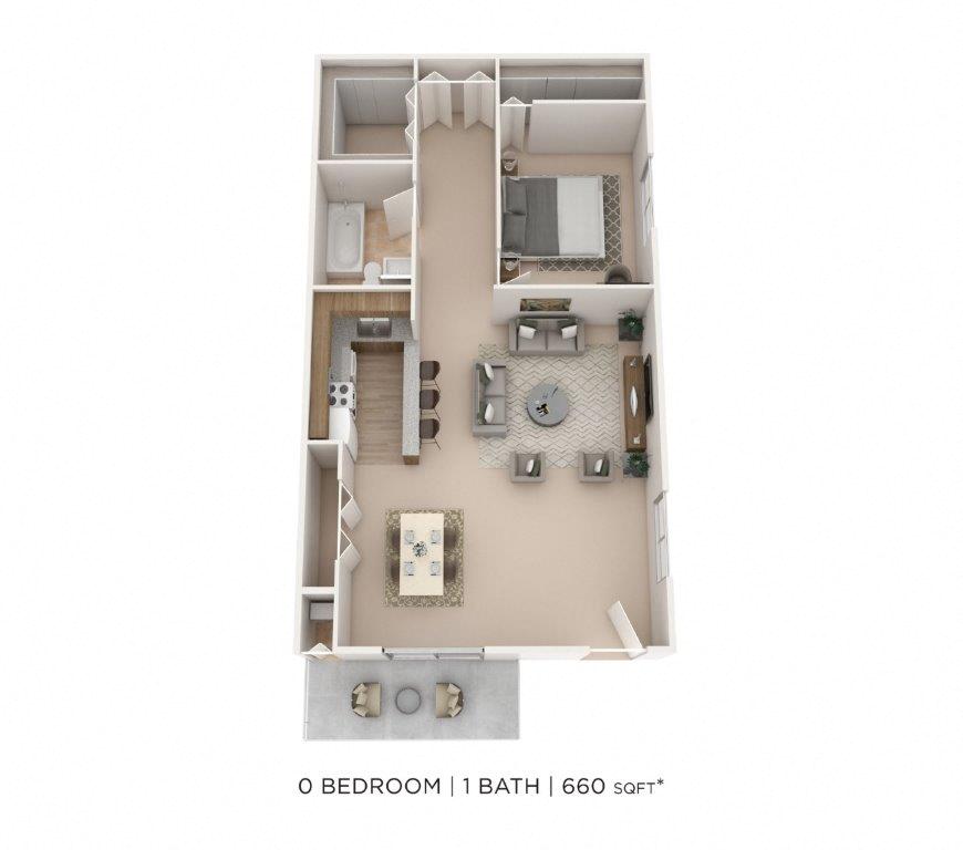 Floor plan for 1 bed, 1 bath, 660 sqft